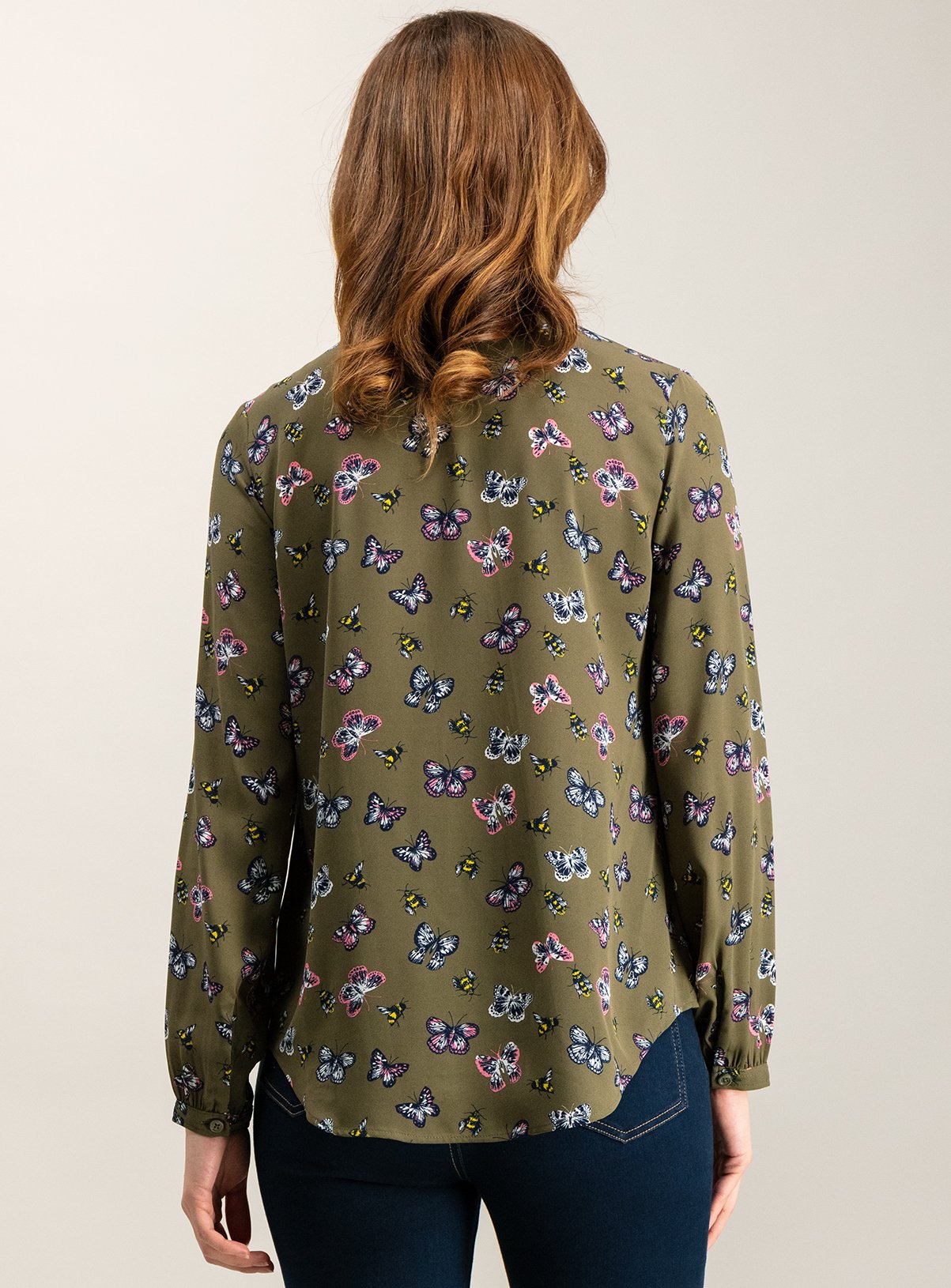 SKU: SMOOTHIE PINKS LS OPP BUTTERFLY KHAKI PRINTED SHIRT:Multi Colo:26 - Image 4 thumbnail